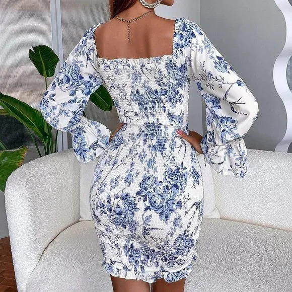 Floral Drawstring Front Bodycon Dress - Picture 3 of 5